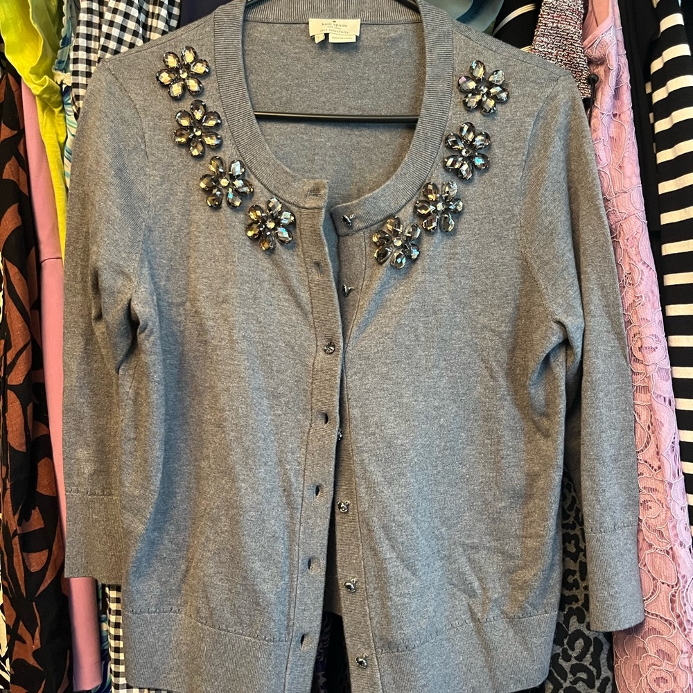 Kate spade Leni embellished cardigan gray sweater EUC size large - Picture 2 of 5